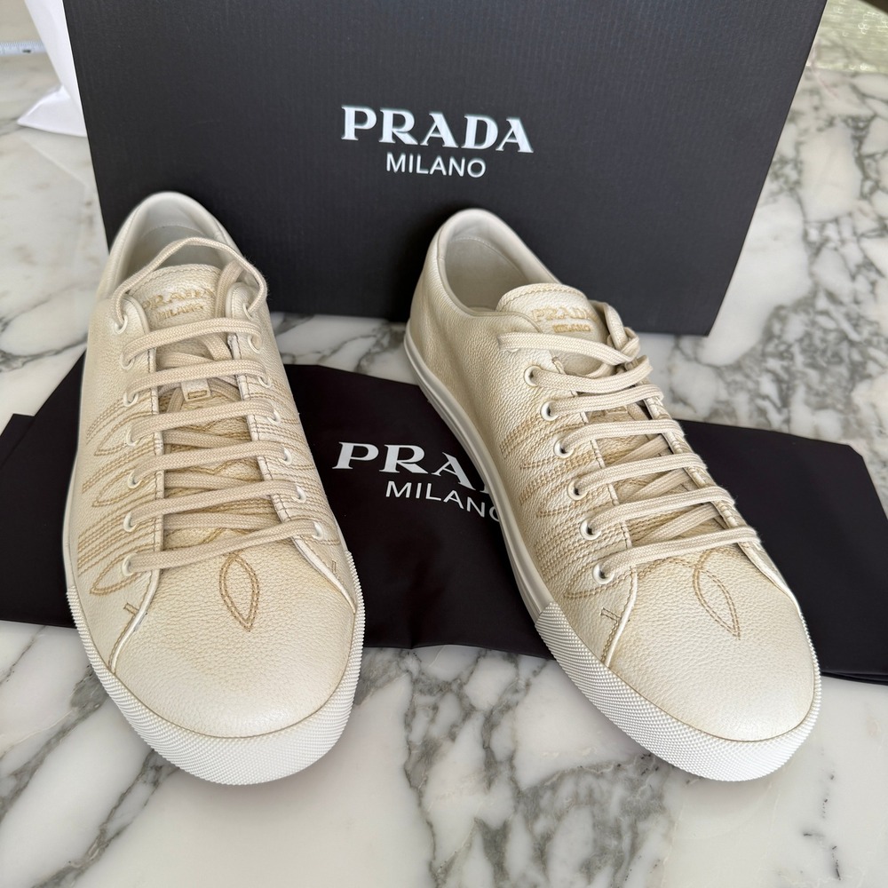 Prada Milano 2EE448 Mens White Pebbled Leather Low Top Sneakers, UK 10